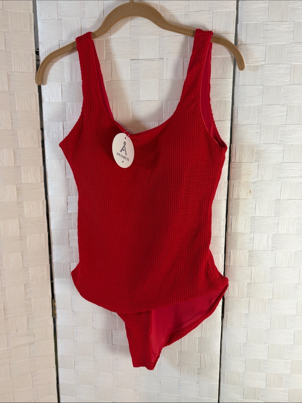 Anrabess Scarlet Red Ribbed Scoop Neck Swimsuit